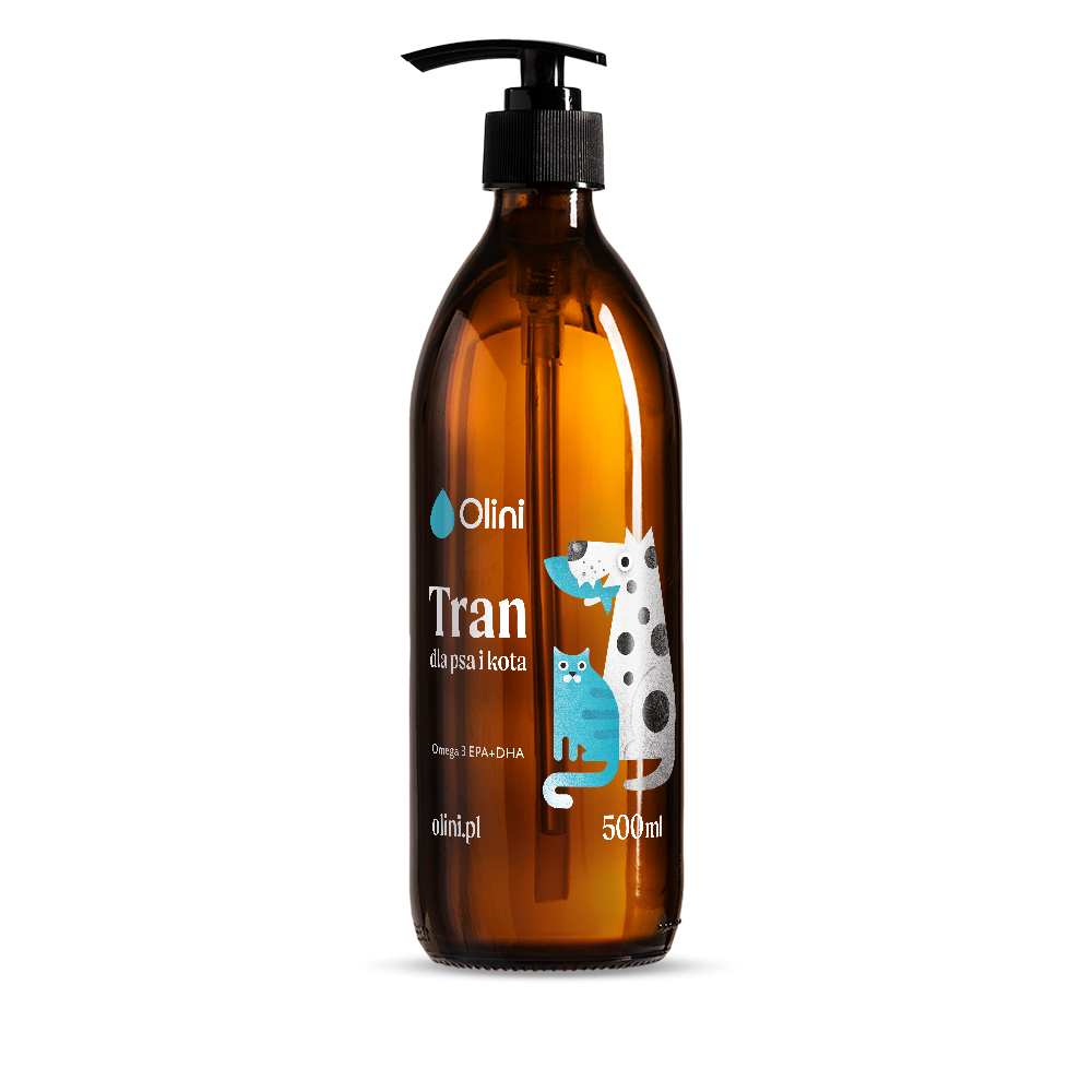 Brązowa butelka z pompką, na której widnieje napis \'Olini Tran dla psa i kota Omega-3 EPA+DHA olini.pl 500ml\'. Na etykiecie znajduje się ilustracja psa i kota.