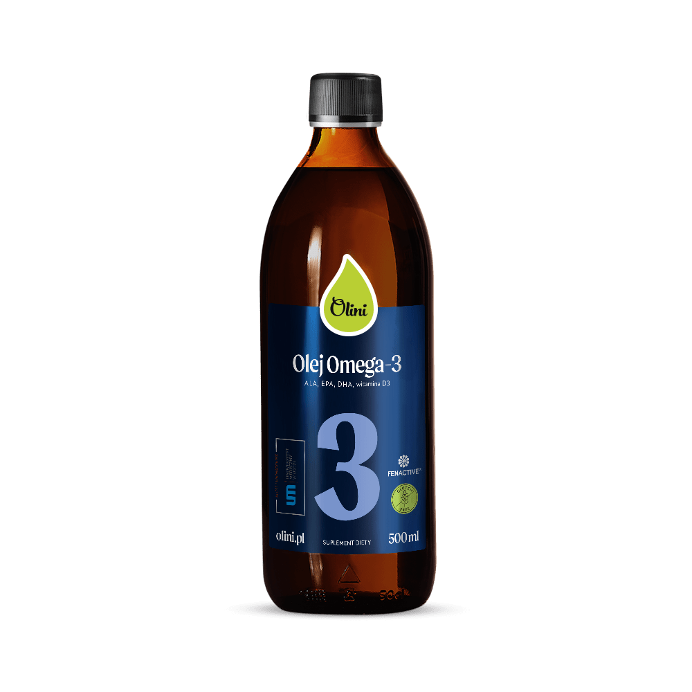 Butelka z ciemnego szkła z etykietą \'Olini Olej Omega-3\' zawierającą informacje o składnikach ALA, EPA, DHA, witamina D3 oraz pojemność 500 ml. Na etykiecie widoczne jest logo Olini i napis \'suplement diety\'.