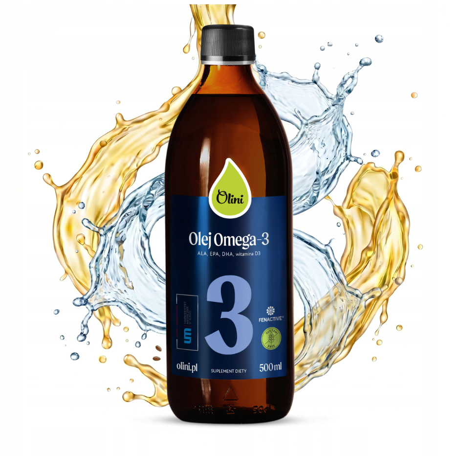 Butelka Olini Olej Omega-3 500 ml z ciemnego szkła z etykietą zawierającą napis \'Olej Omega-3 ALA, EPA, DHA, witamina D3\'. W tle widoczne są dynamiczne rozpryski oleju i wody.