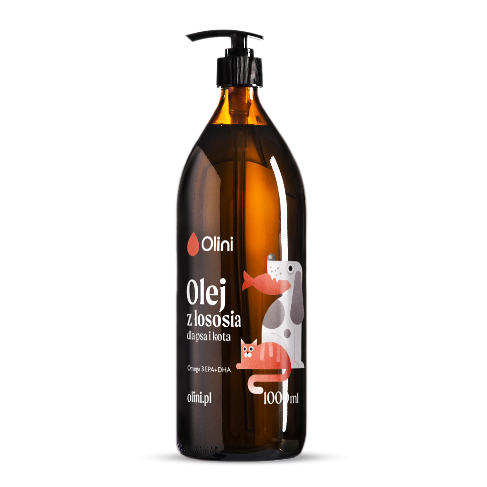 Butelka z ciemnego szkła z pompką, na której widnieje napis \'Olini Olej z łososia dla psa i kota\'. Na etykiecie znajdują się ilustracje psa i kota oraz napis \'Omega 3 EPA+DHA, olini.pl, 1000 ml\'.