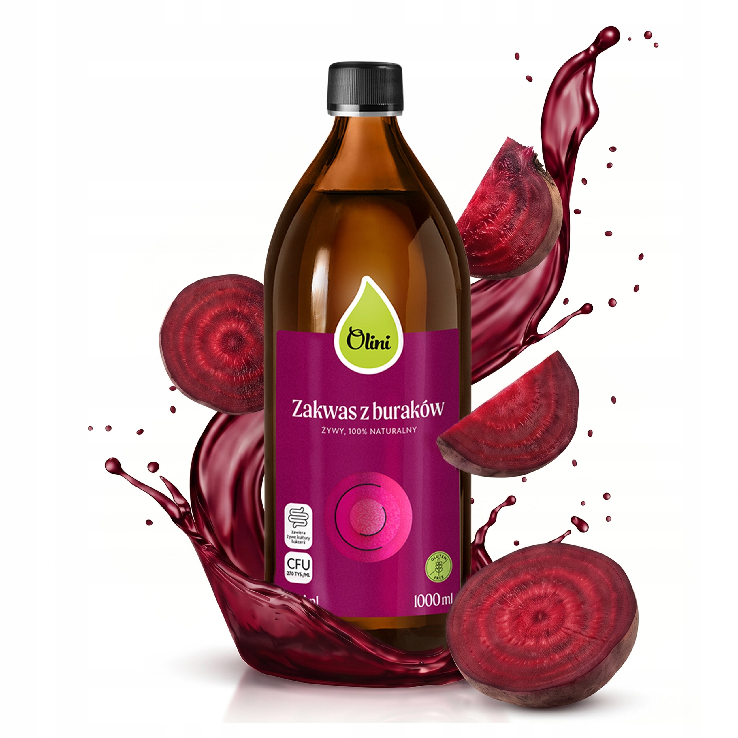 Butelka z ciemnego szkła z etykietą \'Olini Zakwas z buraków ŻYWY, 100% NATURALNY\'. Wokół butelki znajdują się kawałki buraków i rozpryskujący się sok buraczany.