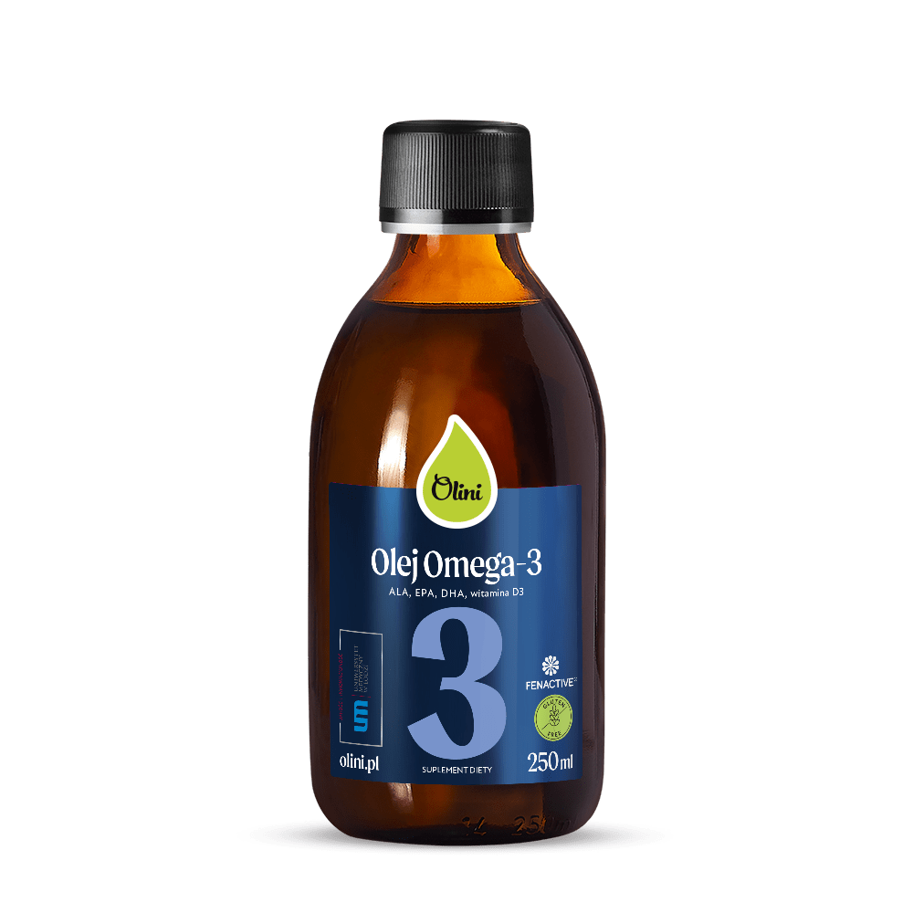 Butelka z ciemnego szkła z czarną nakrętką, na której widnieje etykieta z napisem \'Olini Olej Omega-3 ALA, EPA, DHA, witamina D3\'. Na etykiecie znajduje się również logo Olini oraz informacja \'250 ml\'.