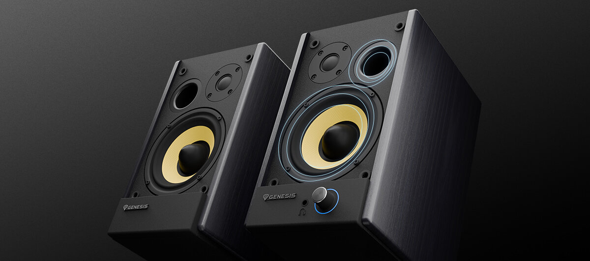 Dwa czarne głośniki audio z wooferami i pokrętłem sterującym z przodu.