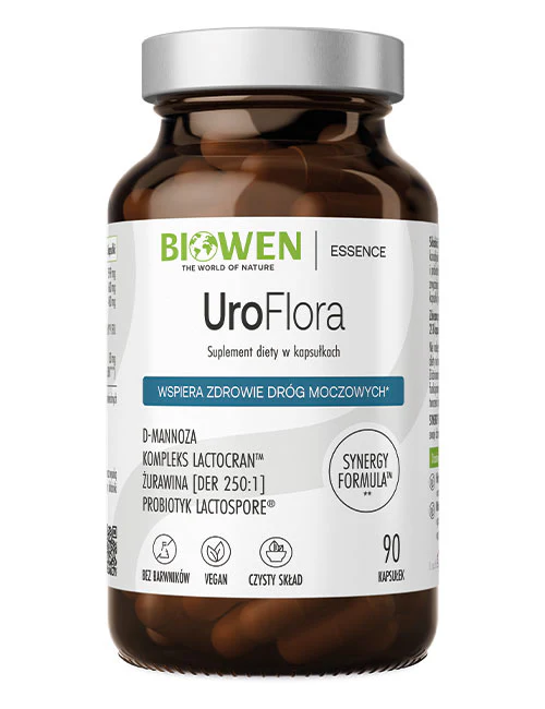 Butelka z etykietą \'Biowen UroFlora\' zawierająca informacje o suplemencie diety w kapsułkach. Na etykiecie widnieje napis \'Wspiera zdrowie dróg moczowych\' oraz ikony oznaczające brak barwników, produkt wegański i czysty skład.
