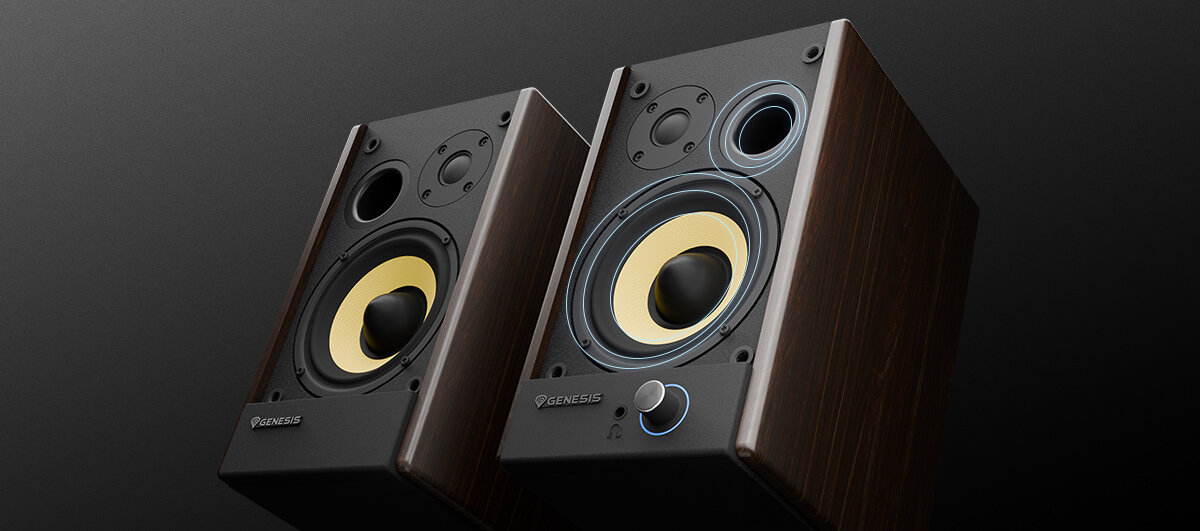 Dwa brązowe głośniki audio z wooferami i pokrętłem sterującym z przodu.