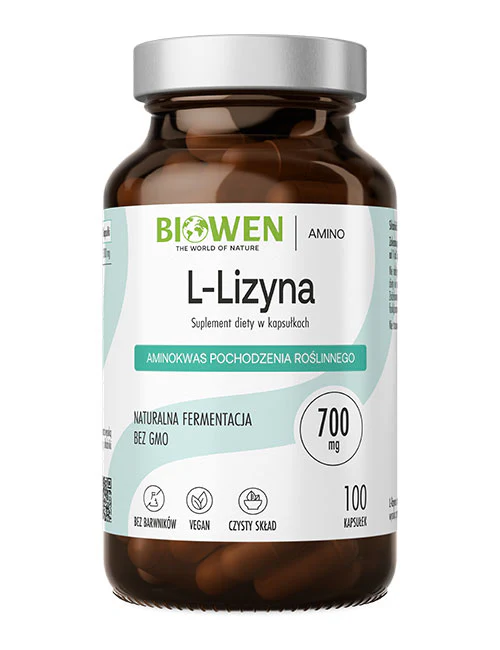 Butelka z ciemnego szkła z białą etykietą, na której widnieje napis \'BIOWEN L-Lizyna Suplement diety w kapsułkach\'. Etykieta zawiera również informacje: \'Aminokwas pochodzenia roślinnego\', \'Naturalna fermentacja bez GMO\', \'700 mg\', \'100 kapsułek\', oraz ikony oznaczające brak barwników, produkt wegański i czysty skład.