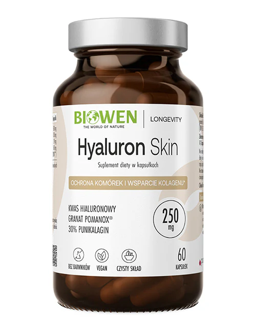 Butelka z etykietą \'Biowen Hyaluron Skin\' zawierająca 60 kapsułek, z informacjami o składnikach i właściwościach produktu. Na etykiecie widnieje napis \'Ochrona komórek i wsparcie kolagenu\', a także ikony wskazujące na brak barwników, produkt wegański i czysty skład.