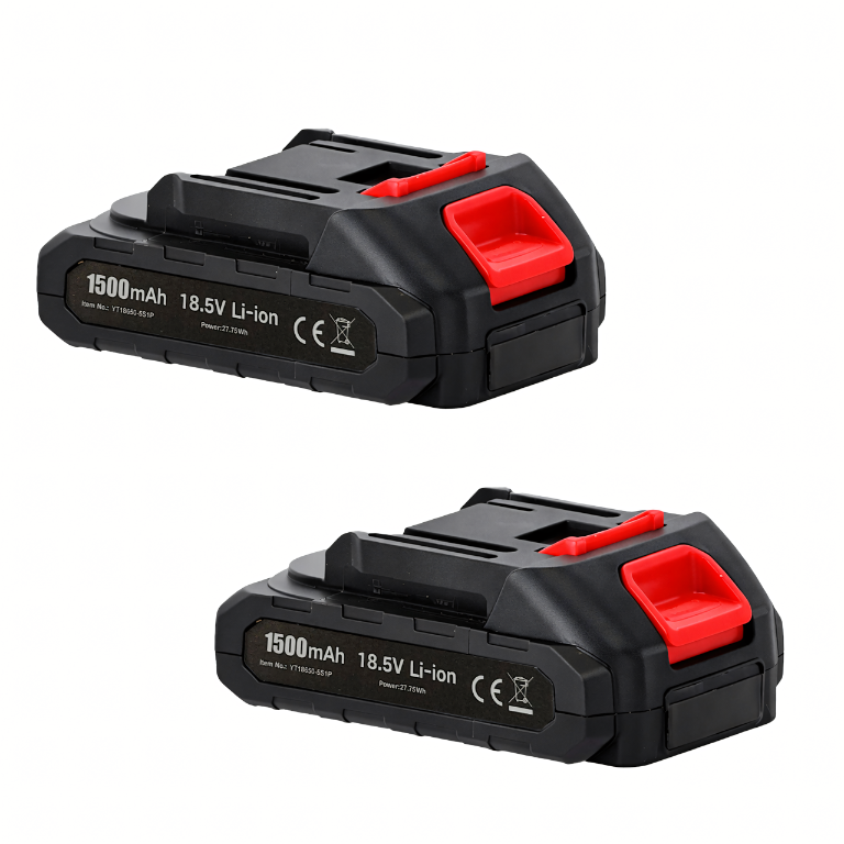 Dwa czarne akumulatory z czerwonymi elementami, oznaczone jako 1500mAh 18.5V Li-ion. Widoczne są symbole CE oraz przekreślony kosz na śmieci.