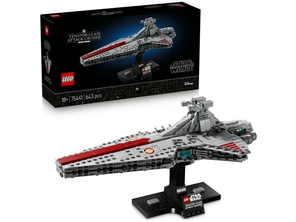 Na obrazie widoczny jest model LEGO przedstawiający krążownik szturmowy typu Venator z serii Star Wars, umieszczony na czarnej podstawce. W tle znajduje się pudełko z grafiką modelu oraz napisami: \'Venator-Class Attack Cruiser\', \'18+\', \'75441\', \'643 pcs\', \'LEGO\', \'Star Wars\', \'Disney\'.