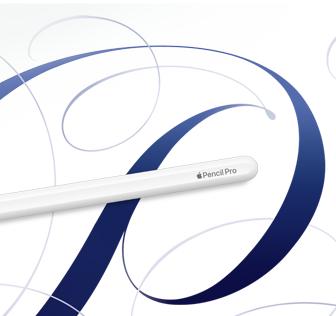 Biały rysik z napisem \'Pencil Pro\' na tle abstrakcyjnych niebieskich i szarych kształtów.