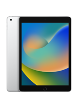 Na obrazie widoczny jest tablet z dużym ekranem, na którym wyświetlany jest kolorowy gradient. Obok znajduje się tył urządzenia w srebrnym kolorze z logo producenta w postaci nadgryzionego jabłka.