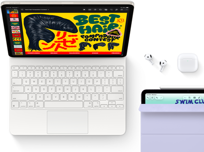 Na obrazie widoczny jest tablet z klawiaturą, na ekranie którego wyświetla się kolorowa grafika z napisem \'BEST HAIR CONTEST\'. Obok tabletu znajdują się słuchawki bezprzewodowe i etui, a poniżej fragment innego urządzenia z napisem \'SWIM CLUB\'.
