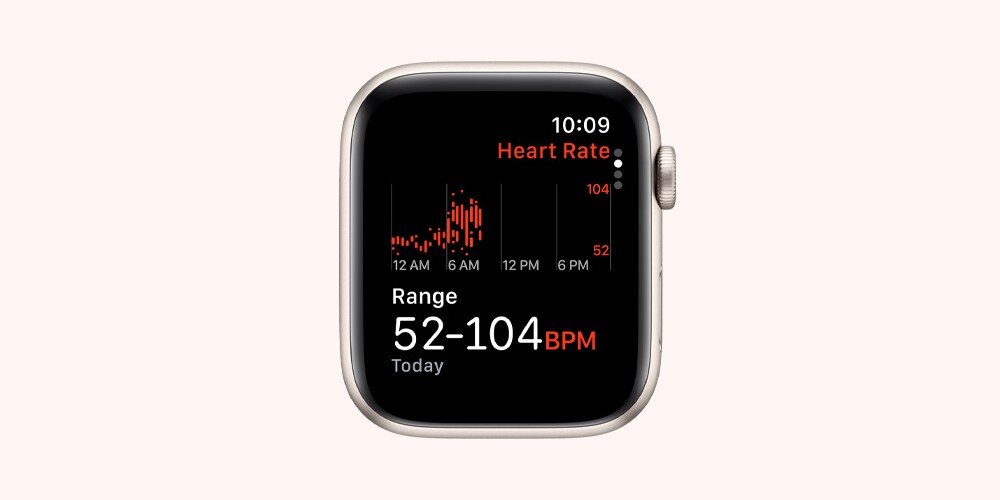Zegarek z wyświetlaczem pokazującym wykres tętna oraz tekst: \'Heart Rate\', \'Range 52-104 BPM\', \'Today\'.