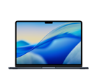 Laptop z wyświetlaczem Retina, na ekranie widoczna jest abstrakcyjna grafika w odcieniach niebieskiego i żółtego. Obudowa jest w ciemnym kolorze, a na górnej ramce ekranu znajduje się wcięcie na kamerę.