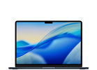 Laptop z wyświetlaczem pokazującym abstrakcyjną grafikę w odcieniach niebieskiego. Na obudowie widoczne jest logo producenta w kształcie nadgryzionego jabłka.