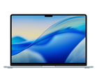 Laptop z wyświetlaczem pokazującym abstrakcyjną grafikę w odcieniach niebieskiego i żółtego. Obudowa jest w kolorze ciemnym, a na ekranie widoczny jest wcięcie na kamerę.