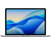 Laptop z wyświetlaczem pokazującym abstrakcyjną grafikę w odcieniach niebieskiego i żółtego. Obudowa jest w ciemnym kolorze.