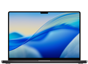 Laptop z dużym ekranem wyświetlającym abstrakcyjną grafikę w odcieniach niebieskiego i żółtego. Obudowa jest w ciemnym kolorze, a na górnej krawędzi ekranu widoczny jest wcięcie na kamerę.