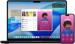 Laptop z otwartym ekranem wyświetlającym interfejs systemu operacyjnego z ikonami aplikacji i widżetami. Obok laptopa znajduje się smartfon z wyświetlonym ekranem połączenia z kontaktem o imieniu Luis.