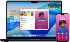 Na obrazie widoczny jest laptop z otwartym ekranem, na którym wyświetlane są różne aplikacje oraz smartfon z ekranem pokazującym rozmowę telefoniczną. Oba urządzenia mają nowoczesny design i są w kolorze ciemnym.
