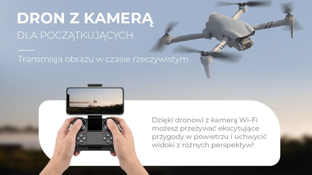 Obraz przedstawia drona z kamerą w locie oraz ręce trzymające kontroler z telefonem wyświetlającym widok z kamery drona. Tekst na obrazie: \'DRON Z KAMERĄ DLA POCZĄTKUJĄCYCH Transmisja obrazu w czasie rzeczywistym Dzięki dronowi z kamerą Wi-Fi możesz przeżywać ekscytujące przygody w powietrzu i uchwycić widoki z różnych perspektyw!\'.