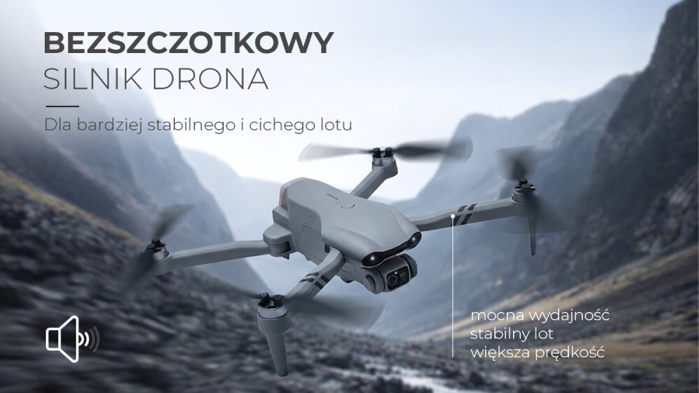 Na obrazie widoczny jest dron lecący w górskim krajobrazie. Tekst na obrazie: \'BEZSZCZOTKOWY SILNIK DRONA Dla bardziej stabilnego i cichego lotu mocna wydajność stabilny lot większa prędkość\'.