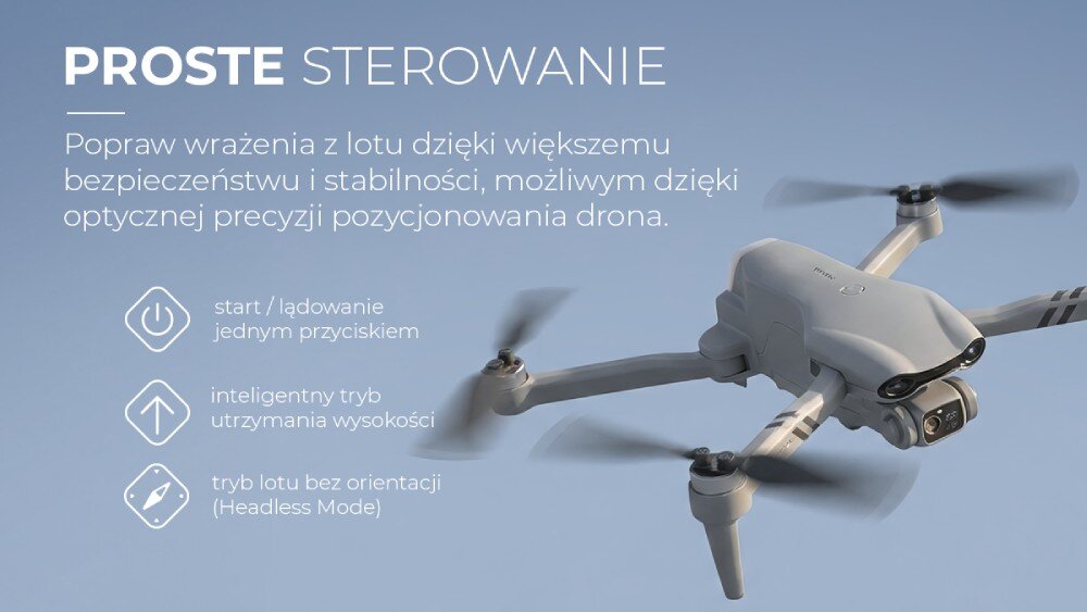 Obraz przedstawia drona w locie na tle nieba z tekstem: \'PROSTE STEROWANIE. Popraw wrażenia z lotu dzięki większemu bezpieczeństwu i stabilności, możliwym dzięki optycznej precyzji pozycjonowania drona.\' Obok znajdują się ikony z opisami: \'start/lądowanie jednym przyciskiem\', \'inteligentny tryb utrzymania wysokości\', \'tryb lotu bez orientacji (Headless Mode)\'.