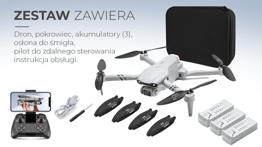Na obrazie znajduje się biały dron z rozłożonymi śmigłami, czarny pokrowiec, trzy akumulatory, osłony do śmigieł, pilot do zdalnego sterowania oraz instrukcja obsługi. Tekst na obrazie: \'ZESTAW ZAWIERA Dron, pokrowiec, akumulatory (3), osłona do śmigła, pilot do zdalnego sterowania, instrukcja obsługi.\'