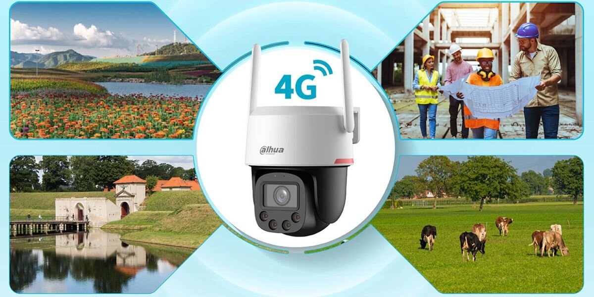 Obraz przedstawia kamerę obrotową Dahua z oznaczeniem 4G, otoczoną czterema zdjęciami: polem kwiatów, budynkiem nad wodą, grupą ludzi z planami budowy oraz pastwiskiem z krowami. Logo Dahua jest widoczne na kamerze.