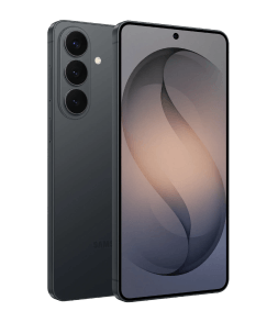Packshot Galaxy S26 w kolorze czarnym Smartfon z trzema aparatami z tyłu i dużym ekranem z wąskimi ramkami. Na ekranie widoczna jest abstrakcyjna grafika w odcieniach szarości i beżu.