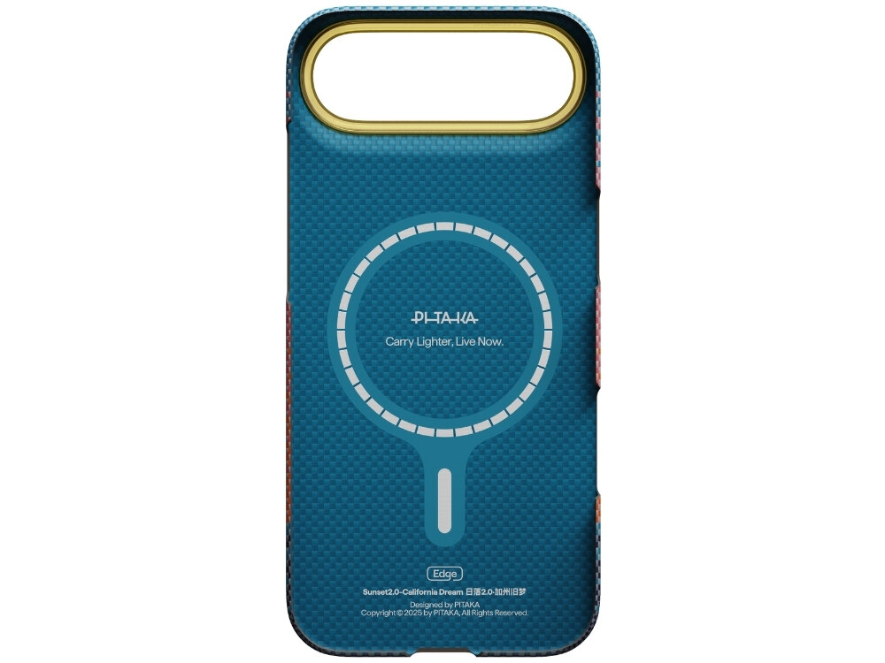 Etui w kolorze niebieskim z okrągłym wzorem i napisem \'PITAKA Carry Lighter. Live Now.\' oraz \'Sunrise2.0-California Dream\'.