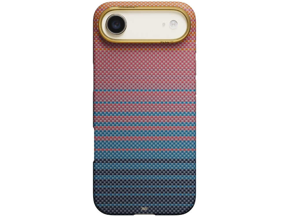 Etui na telefon z gradientowym wzorem w kolorach różu i niebieskiego, z wycięciem na aparat i złotą ramką wokół obiektywu. Na dole widoczne jest logo \'Aramid\'.