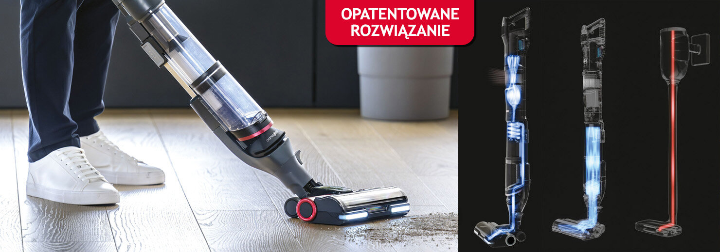 Osoba używa odkurzacza pionowego na drewnianej podłodze, zbierając rozsypane drobinki. Po prawej stronie widoczne są trzy przekroje odkurzacza z podświetlonymi elementami wewnętrznymi oraz napis \'OPATENTOWANE ROZWIĄZANIE\'.