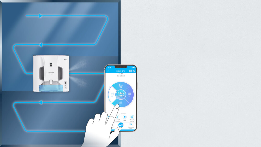 Obraz przedstawia robota do mycia okien z logo \'HOBOT\' oraz smartfon z aplikacją pokazującą opcje czyszczenia. Na ekranie smartfona widoczny jest napis \'Select Clean\'.