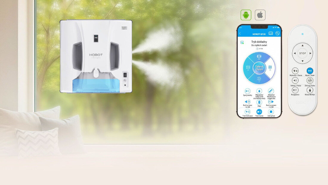 Na obrazie widoczny jest robot do mycia okien z napisem \'HOBOT\', obok znajduje się smartfon z aplikacją oraz pilot zdalnego sterowania. W tle widać rozmyty widok za oknem z zielenią.