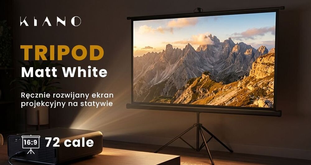 Ekran projekcyjny KIANO Tripod Matt White FG 16:9 72 159x90 przenośny ekran na statywie, ekran stojący na statywie w pomieszczeniu