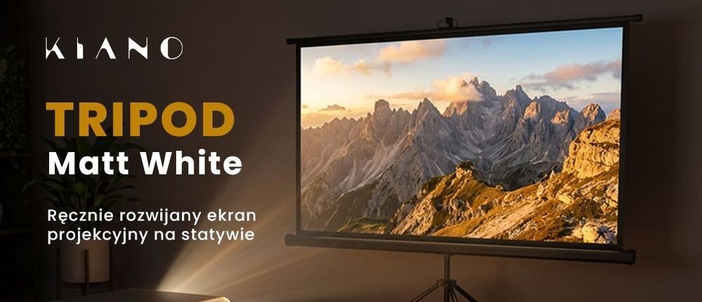 Ekran projekcyjny KIANO Tripod Matt White FG 16:9 60 132x75 przenośny ekran na statywie, ekran stojący na statywie w pomieszczeniu