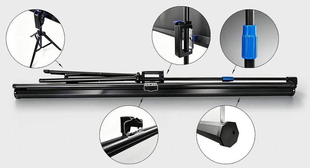 Ekran projekcyjny KIANO Tripod Matt White FG 16:9 60 132x75 składana konstrukcja do łatwego przechowywania w domu i biurze, złożone urządzenie na białym tle