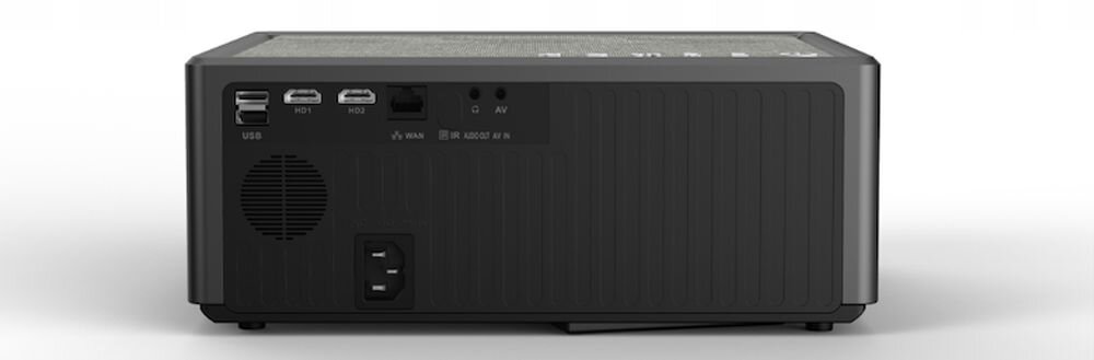 Tył projektora z widocznymi portami USB, HDMI, AV oraz gniazdem zasilania. Obok portów znajduje się mały otwór wentylacyjny.