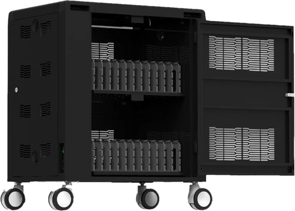 Szafa do ładowania FORMCASE TransformerCart T24X AC Otwarty wózek na kółkach z przegródkami na urządzenia elektroniczne rozmieszczonymi na dwóch półkach oraz otwartymi drzwiczkami wentylowanymi