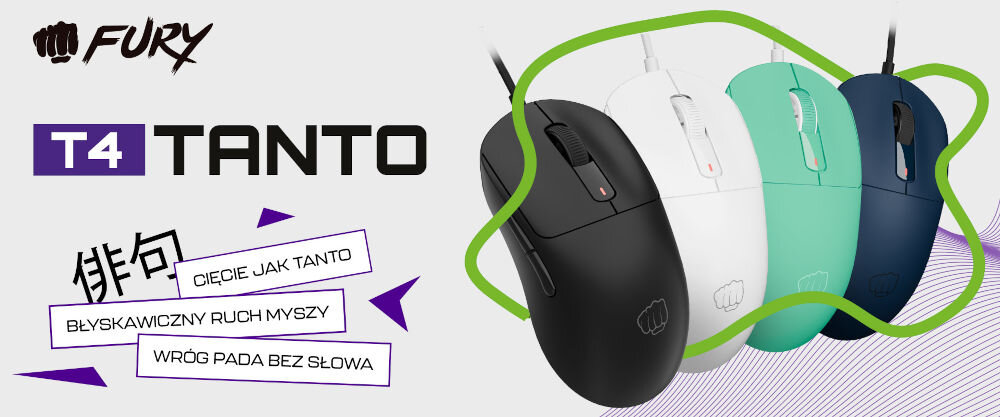 Obraz przedstawia cztery myszki komputerowe w kolorach czarnym, białym, miętowym i granatowym z logo FURY. Widoczny tekst: \'FURY T4 TANTO\', \'CIĘCIE JAK TANTO\', \'BŁYSKAWICZNY RUCH MYSZY\', \'WRÓG PADA BEZ SŁOWA\'.