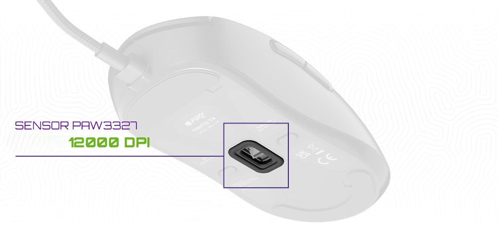 Obraz przedstawia mysz komputerową z widocznym napisem \'SENSOR PAW3327 12000 DPI\'.