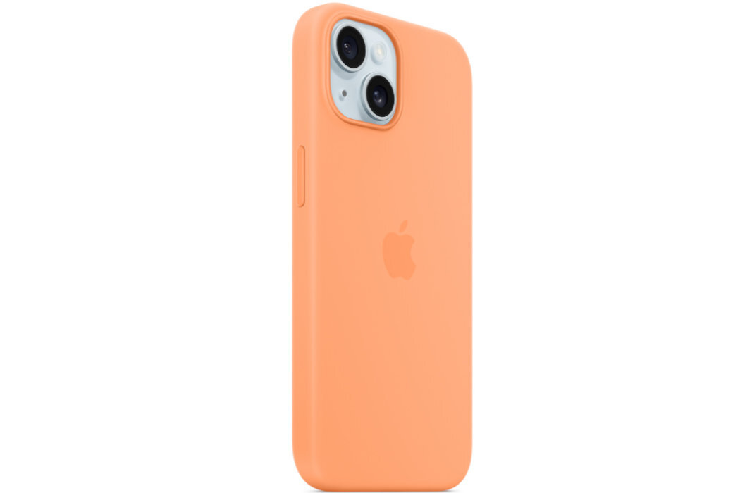 Pomarańczowe etui silikonowe z logo Apple, przeznaczone do telefonu z dwoma widocznymi obiektywami aparatu.