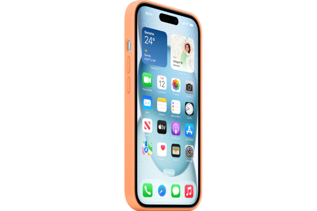 Smartfon w pomarańczowym etui z wyświetlaczem pokazującym różne aplikacje i widżety, w tym pogodę i kalendarz. Na ekranie widoczny jest tekst: \'Sonoma 24°\'.
