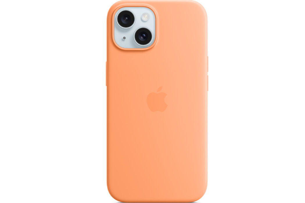 Pomarańczowe etui silikonowe z logo Apple, przeznaczone do telefonu z dwoma widocznymi obiektywami aparatu.