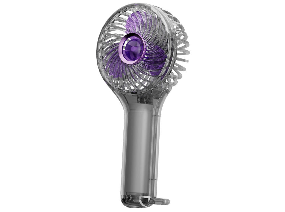 Przenośny wentylator o przezroczystej obudowie z fioletowym wirnikiem. Urządzenie ma ergonomiczny uchwyt i kompaktowy design.