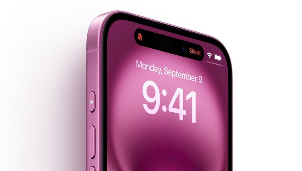 Smartfon w kolorze różowym z wyświetlaczem pokazującym godzinę 9:41 i datę Monday, September 9. Na ekranie widoczne są ikony trybu cichego, Wi-Fi i baterii.