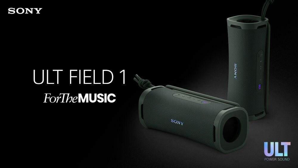 Obraz przedstawia dwa głośniki mobilne marki Sony w kolorze szarym. Widoczny jest tekst: \'SONY\', \'ULT FIELD 1\', \'ForTheMUSIC\', oraz logo \'ULT POWER SOUND\'.