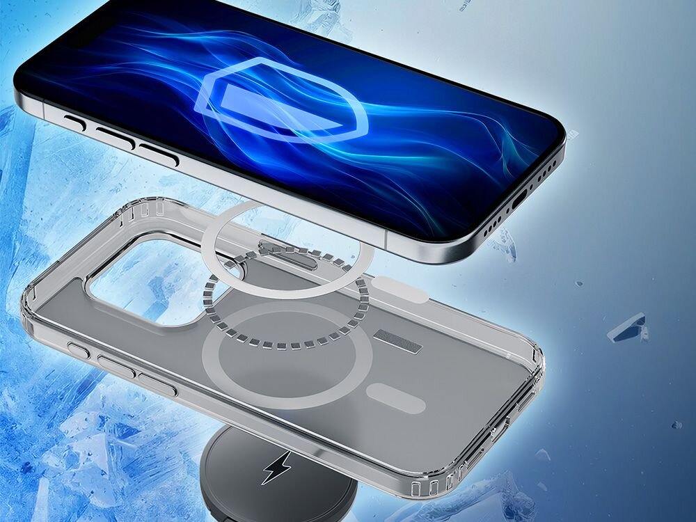 Obraz przedstawia przezroczyste etui na telefon z widocznymi okręgami magnetycznymi, umieszczone nad smartfonem z niebieskim ekranem. W tle widoczne są fragmenty lodu na niebieskim tle.