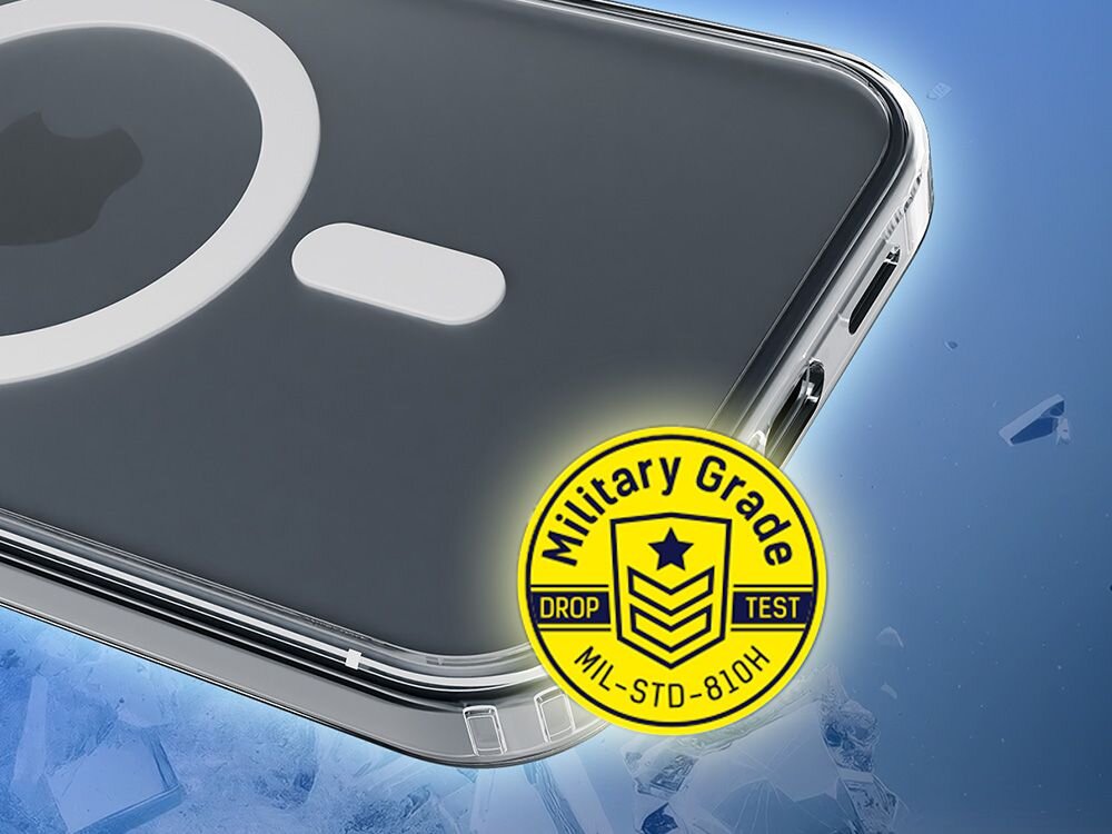 Zbliżenie na przezroczyste etui na telefon z widocznym logo w kształcie jabłka. Na obrazie znajduje się żółta naklejka z napisem \'Military Grade DROP TEST MIL-STD-810H\'.